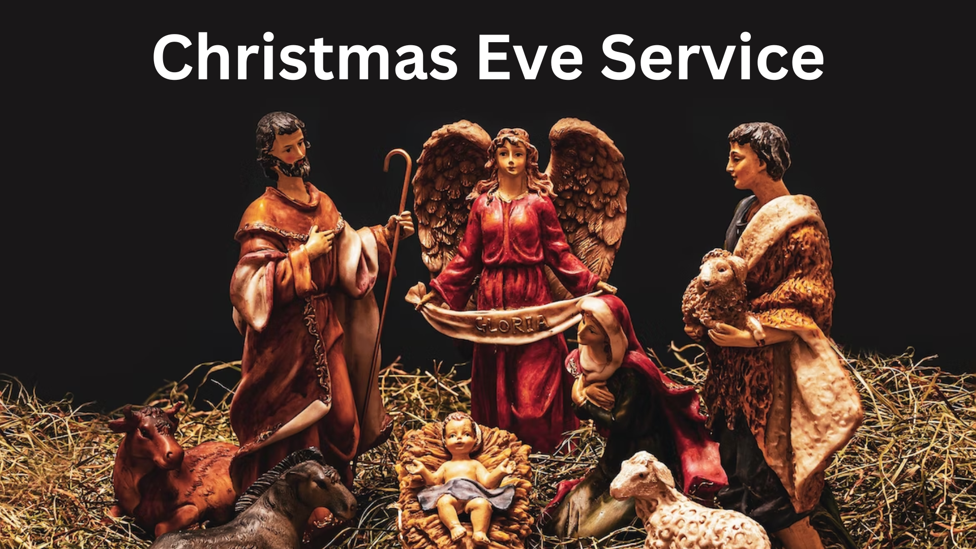 Nativity scene with text of Christmas Eve Service